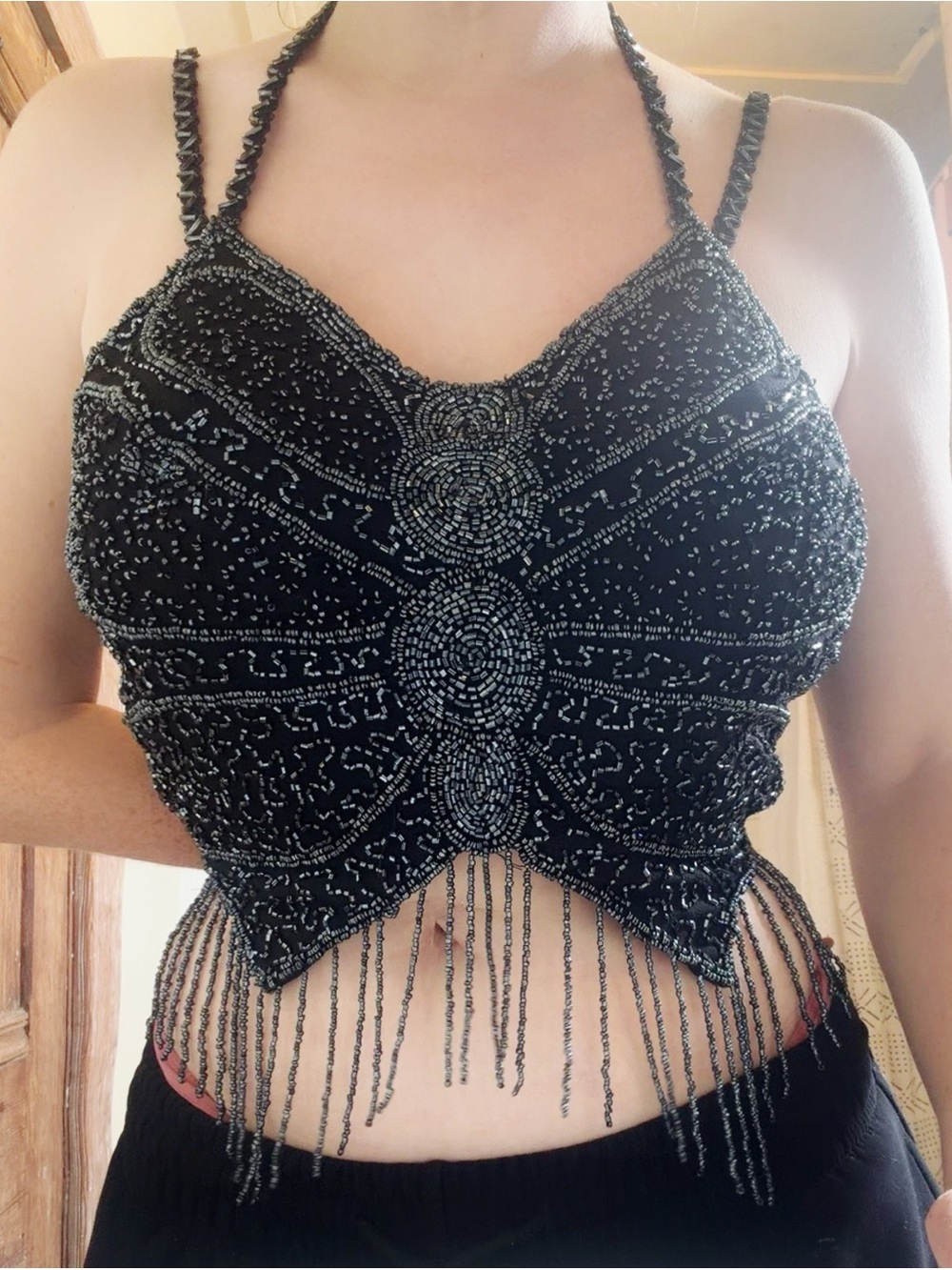 Whimsigoth Y2k butterfly raver Beaded Fringe Halter Camisole - Black vintage